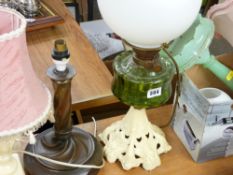 Iron based oil lamp with green glass reservoir and a parcel of other lighting, glass lustres etc
