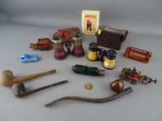Mixed lot of collectables including a green glass double end scent bottle (one lid missing), two