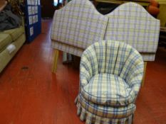 Bedroom tub chair in checked upholstery and two small headboards, approx 92 cms each