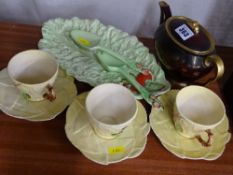Three Carltonware cups and saucers, a Green Leaf salad dish and servers and a Rouge Royale teapot