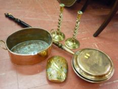 Brass fish pan, pair of twist candlesticks, posy vase and a bedwarming pan