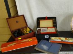 Vintage set of dominoes, chess pieces and playing cards, an Ecolux boxed mouth organ and a Chod