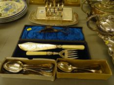 Cased fish serving set, other items of flatware, old candle snuffer etc