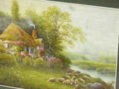 Watercolour - cottage with grazing sheep, unsigned, 35 x 48 cms