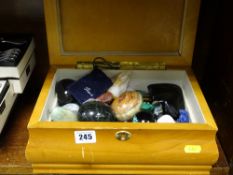 Wooden jewellery box with quantity of decorative mineral eggs, stones etc
