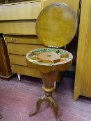 Circular topped sewing box on tripod supports (for restoration)