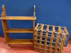 Small pine three shelf wall unit and a wine rack