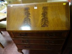 Polished wood three drawer writing bureau