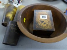 Turned treen bowl, treen playing cards holder and three horn beakers, one marked 'John Hughes,