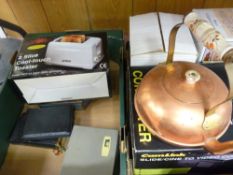 Two boxes of mixed household items including a slide/cine to video converter, boxed teasets etc