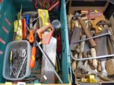 Box of wooden hand tools and a plastic crate of drills, saws etc