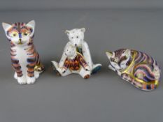 Royal Crown Derby - two cat Imari paperweights with gold stoppers and a teddy bear figurine