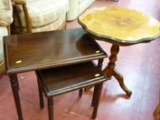 Small Italian inlaid style tripod occasional table and nest of two tables
