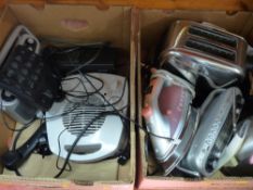 Two boxes of household electrical items eg iron, toaster, radio etc E/T