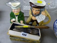 Sylvac Toby jug, a Staffs character jug and a box of cake forks etc