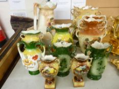 Large parcel of Staffordshire vases and a washbasin and jug set