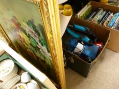 Parcel of household items including a hydrapack, vintage camera by Werra, still life prints etc