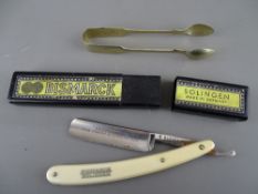 Bismarck Solingen German cut throat razor in original box and a set of EPNS sugar tongs