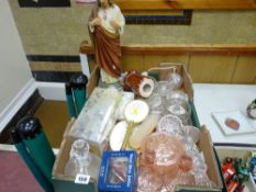 Box of mainly glassware, ornamental figure of Jesus Christ, vintage alarm clock etc