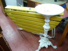 White painted metal garden feature/bird bath and a vintage twin flap portable garden table