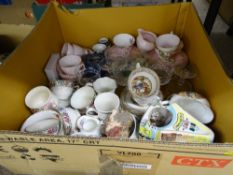 Box of mixed teaware in various patterns, glassware and similar items
