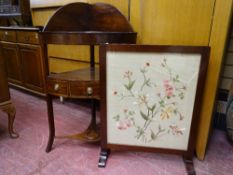 Polished wood corner washstand and a polished wood firescreen with embroidered panel