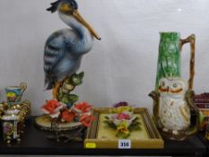Tony Wood Studio owl teapot, Radford tall jug and a Capodimonte heron etc