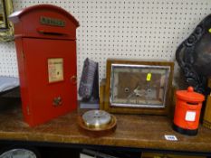 Model postbox, postbox moneybox, desktop barometer, mantel clock and a slate fan