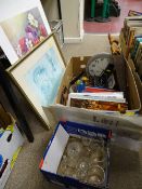 Box of mixed household items including prints, ephemera, glassware etc