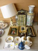Good parcel of commemorative ware, framed floral collages, glass display cabinets etc
