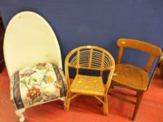 Loom style chair, small cane and bamboo chair and a small elm chair