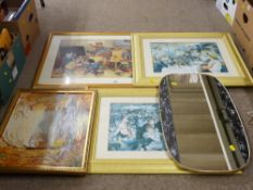 LOUIS WAIN print - cats in the classroom 38 x 70 cms and a parcel of mirrors, prints etc