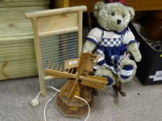 Washboard, model windmill and a Millennium 2000 Collection teddy bear on a rocking chair