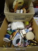 Box of mixed porcelain and china and a box of doll's house furniture etc