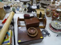 Oil lamps, stationery box, bookshelf, nativity set and miscellaneous items