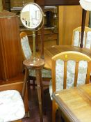 Polished wood tripod table with brass stem and circular bevelled edge tilting mirror