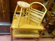 Pine two tier trolley, small oval topped stool and a bamboo magazine rack