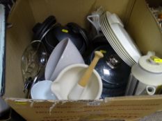 Box of kitchen pans, good pestle and mortar set etc