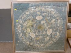 Large framed tapestry depicting peacocks and flowers, 71 x 71 cms