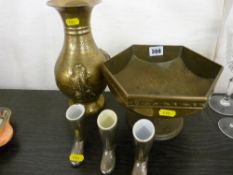 Interesting brass pedestal bowl, fish decorated vase etc