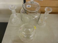 Glass jar with lid inscribed 'Candy Shop', pair of glass candleholders etc