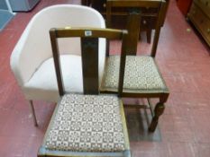 Pair of polished wood dining chairs with checked upholstered seats and a loom style chair