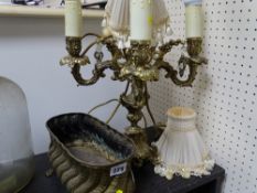 Brass converted to electric candelabrum and a brass planter