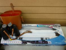 Cased set of Boots vintage binoculars and a boxed terrestrial telescope