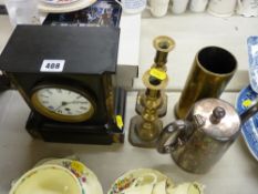 Slate mantel clock, brassware etc