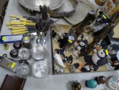 Two wooden carved Eastern figures, quantity of puffin ornaments etc