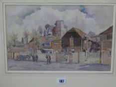 DAVID ROSE watercolour - street scene with horse and cart, titled verso to Wenlock Fine Art label '