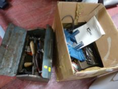 Metal cantilever toolbox and contents and a box containing Jointmaster sawing jig etc E/T