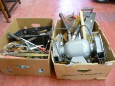 Hilca 6ins bench grinder, manual hand saws and other garage hand tools etc E/T