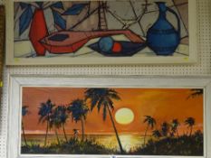 D ROYLE oil on canvas - palm trees at sunset, 35 x 99 cms and a similar sized still life abstract